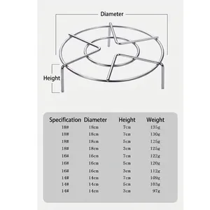 Size chart for 304 stainless steel steaming racks in various diameters and heights