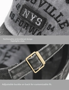 Detail of vintage washed baseball cap showing embroidery and bronze metal adjustment buckle