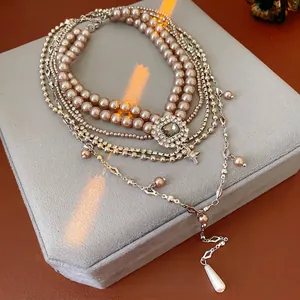 Vintage multi-layer pearl necklace with square stone and waterdrop pendant in jewelry box