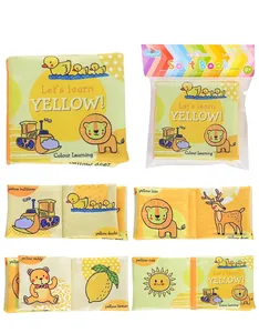 Detailed views of yellow series baby soft book with cartoons like ducks and lions