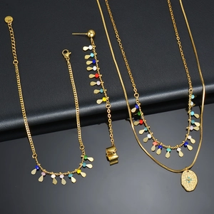 Detail of 304 stainless steel jewelry set with gold pendants and colorful beads