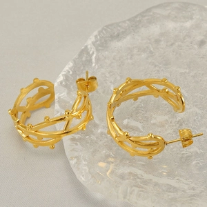 Stainless Steel C Shaped Hoop Earrings Gold Plated Hollow Braided Texture Vintage Boho Geometric Minimalist Jewelry Women