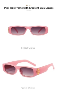 Detail of pink jelly sunglasses with gold rhombus accent and gradient lenses