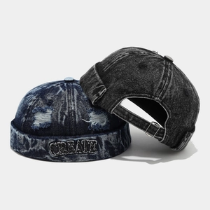 Vintage denim miki hat with 'CREATE' embroidery and distressed washed finish style