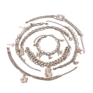 Multi-layered silver stainless steel Cuban chain bracelet with butterfly and cross charms