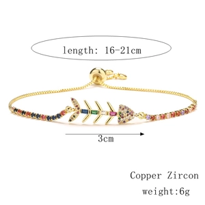 Adjustable gold fishbone bracelet with colored zircons, length 16-21cm, weight 6g