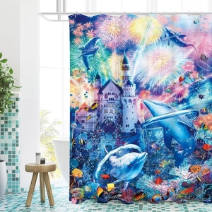 Underwater world shower curtain with dolphins, fireworks, and fantasy castle scenery