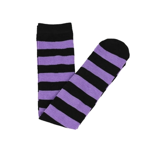 Detail shot of the tight knit texture and purple and black striped pattern on knee-high socks