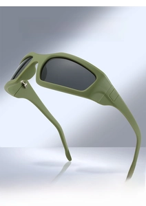 Detail view of olive green matte frame and wide temples on Y2K sporty sunglasses