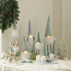 Glowing Christmas Gnome Ornaments Faceless Elf Doll Sage Green Knitted Faux Fur Desktop Holiday Decor