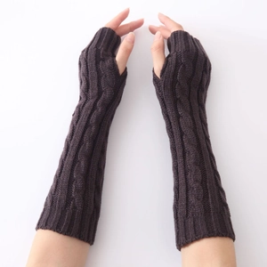 Coffee brown cable knit long fingerless gloves with stylish thick wool texture for autumn