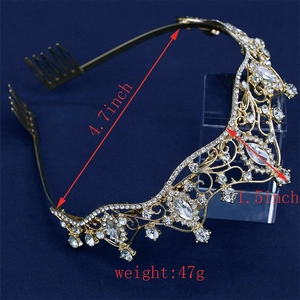 Detailed view of gold bridal crown dimensions 4.7 x 1.5 inches weighing 47g with crystals