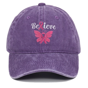 Detailed embroidery of pink ribbon butterfly and Believe text on purple cotton baseball cap