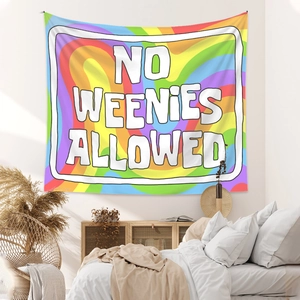 Detail showing colorful rainbow spiral tapestry with bold white No Weenies Allowed lettering