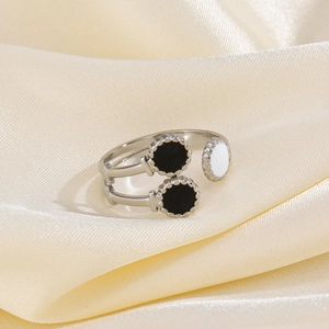 Vintage silver-plated stainless steel open ring with black and white enamel charms