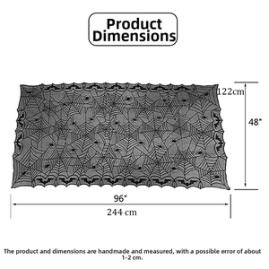 Size chart for black lace Halloween tablecloth featuring spider web and bat patterns