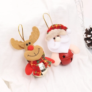 Christmas reindeer and Santa doll ornaments with bells and golden hanging loops