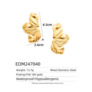 Detailed view of irregular 18k gold plated hollow earrings with PVD waterproof finish