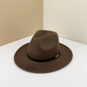 Dark brown wide brim fedora hat with black leather strap and gold metal buckle