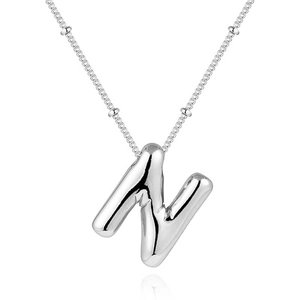 Polished silver bubble letter N pendant necklace with reflective finish and bead chain