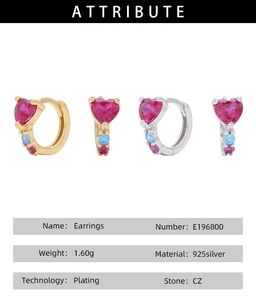 Technical table showing attributes for heart-shaped 925 silver earrings with CZ stones