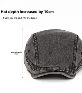 Detail of dark grey washed denim flat cap showing 10cm deep fit and reinforced stitching