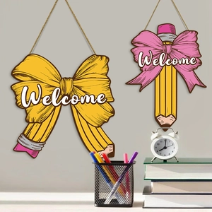Pencil-shaped welcome door sign with yellow bow for back to school classroom decoration