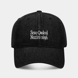 Retro black denim baseball cap with white letter embroidery and adjustable back strap