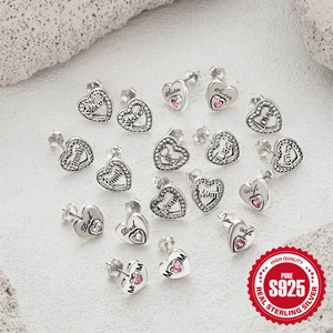 S925 sterling silver MOM heart stud earrings with cubic zirconia family theme design