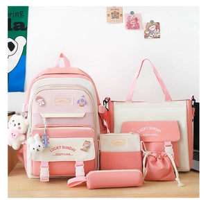 Detailed five-piece set showing pink and white school backpack with matching tote and pouches