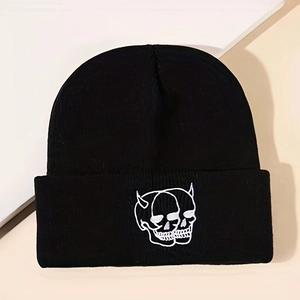 Bonnet En Tricot Acrylique Broderie Crâne Corne De Diable Hiver Chaud Extérieur Streetwear Gothique Unisexe