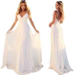 Elegant white lace wedding dress with V-neck, spaghetti straps and open back design