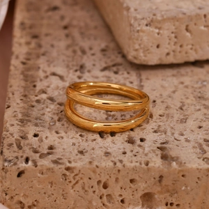 Detailed view of a double-layered 18K gold plated stainless steel ring on a stone base