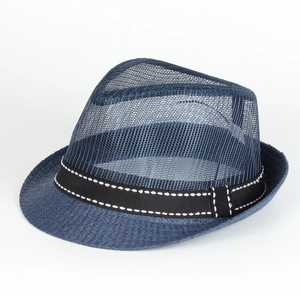 Dark blue breathable mesh fedora hat with black decorative band and white stitching