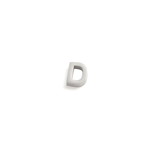 Detailed view of silver 10mm 3D letter D charm bead in matte stainless steel for DIY jewelry