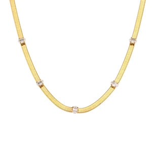 Flat gold herringbone chain necklace with five oval clear zircon stones on white background
