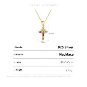 Detail of S925 silver necklace with pear-cut colorful zircon cross pendant size 16.5x10.5mm