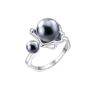 S925 Sterling silver open ring with irregular grey pearls and flower setting base
