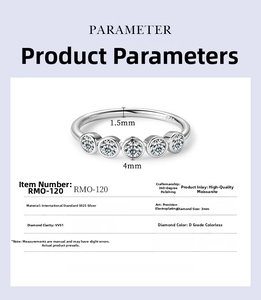 Detailed spec view of S925 silver moissanite ring with D-color VVS1 3mm stones
