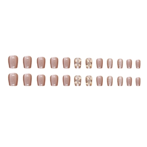 Cat eye glitter press-on nails set with rhinestones and square nude pink finish