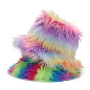 Chapeau Bob En Fausse Fourrure Arc-En-Ciel Pour Femmes Hiver Chaud Peluche Coupe-Vent Streetwear Hip Hop Style Tendance