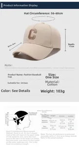 Detailed size chart for the embroidered C baseball cap showing dimensions and measurements