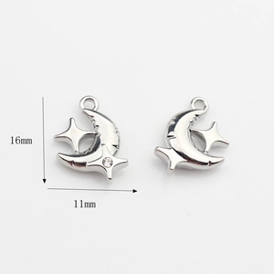 Detailed silver crescent moon and star pendant with crystal, 16mm x 11mm size