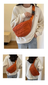 Three perspectives of orange quilted crossbody bag with adjustable wide strap on model