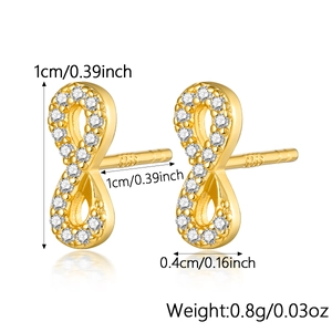 Macro detail of gold infinity stud earrings with S925 hallmark and 1cm size marker
