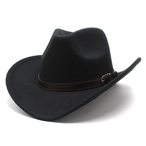 Klassischer schwarzer Western-Wollhut mit braunem Lederband und goldener Schnalle