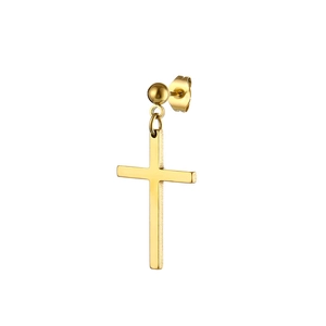 Polished gold stainless steel cross dangle earrings with stud back for men and women
