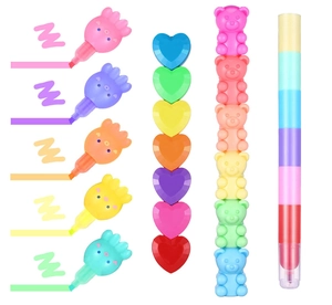 Creative stationery set with colorful octopus highlighters and bear shaped stackable crayons