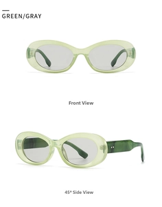 Retro cat-eye sunglasses with green frames, gray lenses, and silver diamond stud detail