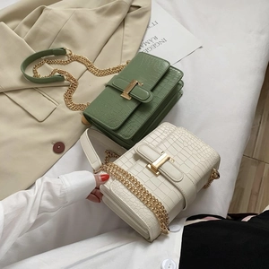 Chic crocodile texture crossbody bags in forest green and beige with gold chain strap